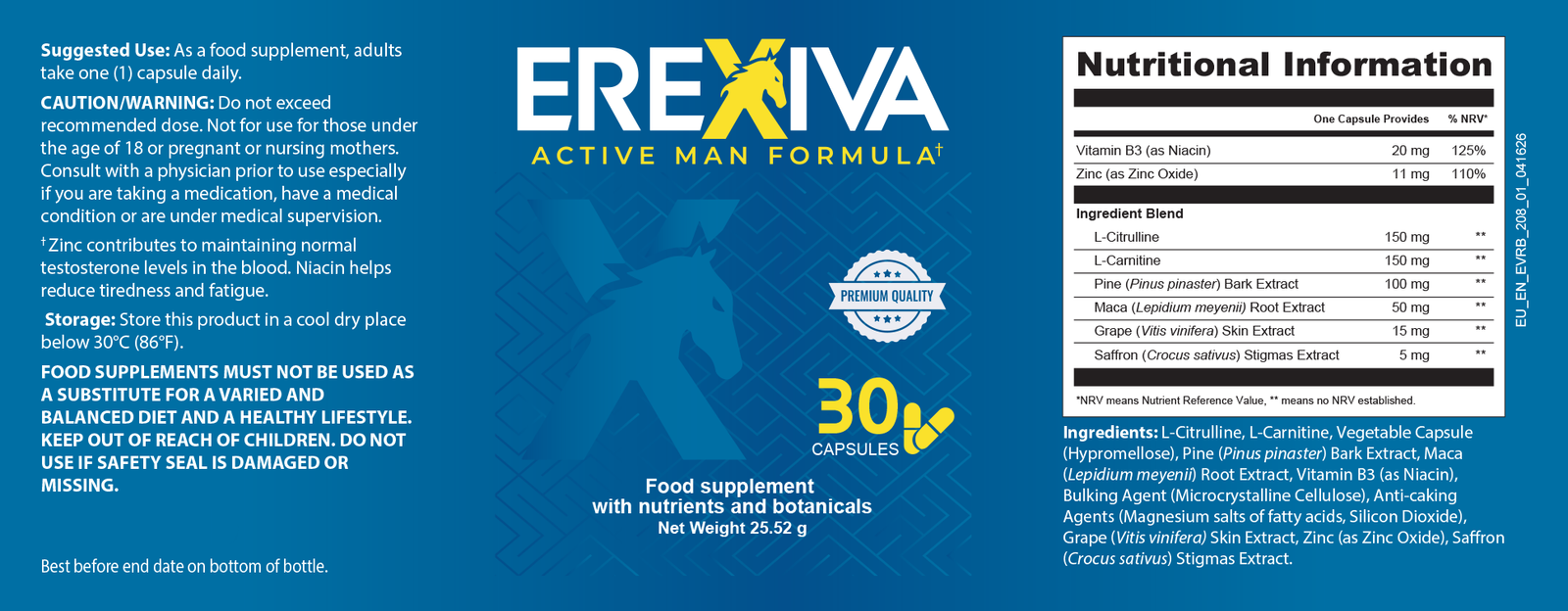 Erexiva nutritional information label
